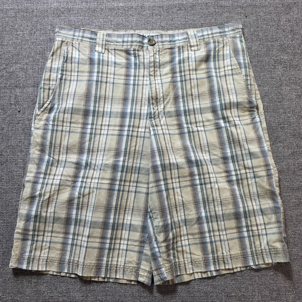 Columbia Shorts Men's Size 36 Tan Blue Plaid 100% Cotton Flat Front